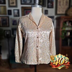 Vintage 40s Satin Floral Button Down Blouse Champagne Peach Long Sleeve Shirt